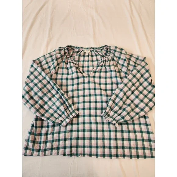 J.Crew Pink Green Gingham Ruffle Neck Cotton Sheer Peasant Blouse XL Flowy Boho - Picture 10 of 14